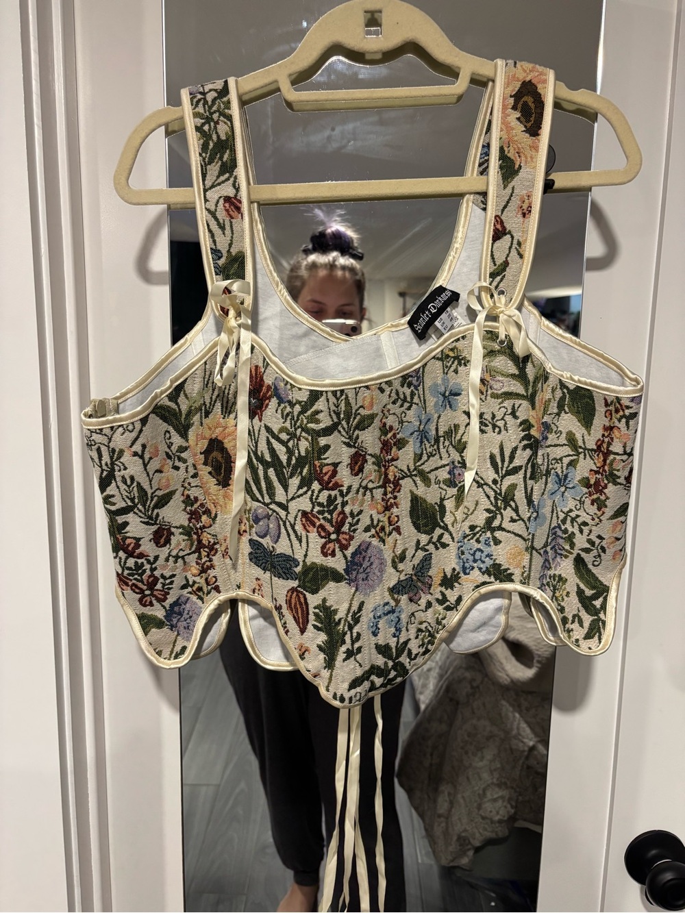 Embroidered Floral Tapestry Corset Crop Top - Cream